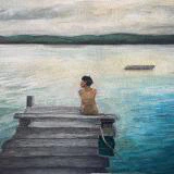 This watercolor painting depicts a serene scene of a person sitting alone on the edge of a wooden dock, gazing out over a calm, expansive body of water with gentle ripples, under a cloudy sky and distant green hills.