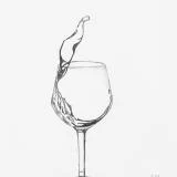 The painting displays an artistic monochrome sketch of a wine glass with its contents in mid-splash, creating an elegant and dynamic fluid motion captured in a still moment.