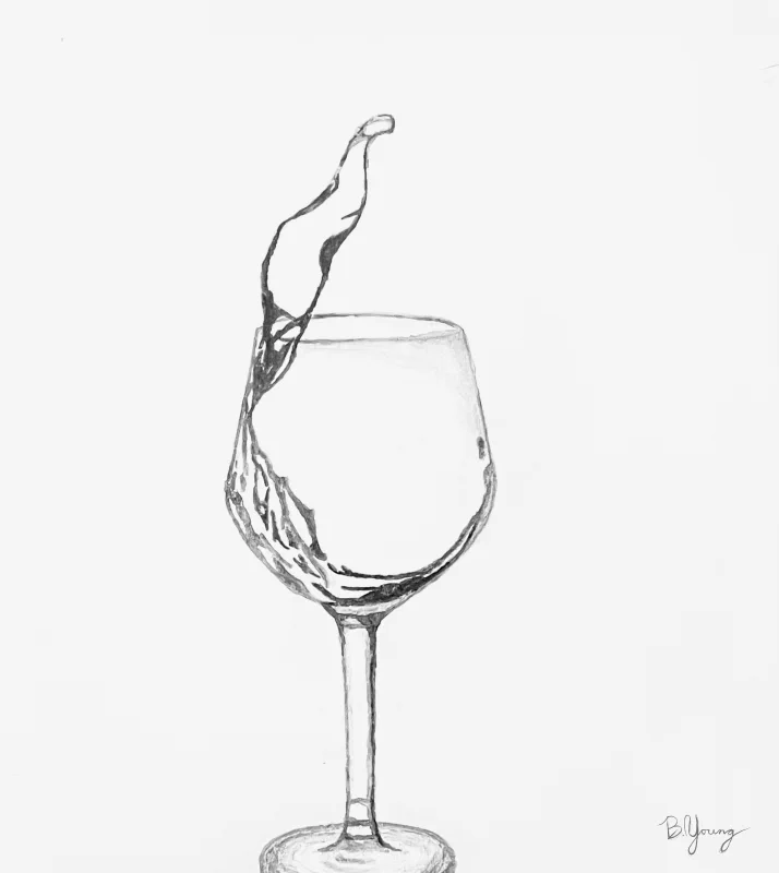The painting displays an artistic monochrome sketch of a wine glass with its contents in mid-splash, creating an elegant and dynamic fluid motion captured in a still moment.