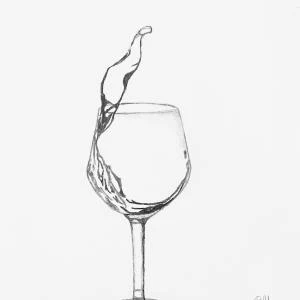 Aqua (2024) by Ben Young The painting displays an artistic monochrome sketch of a wine glass with its contents in mid-splash, creating an elegant and dynamic fluid motion captured in a still moment.