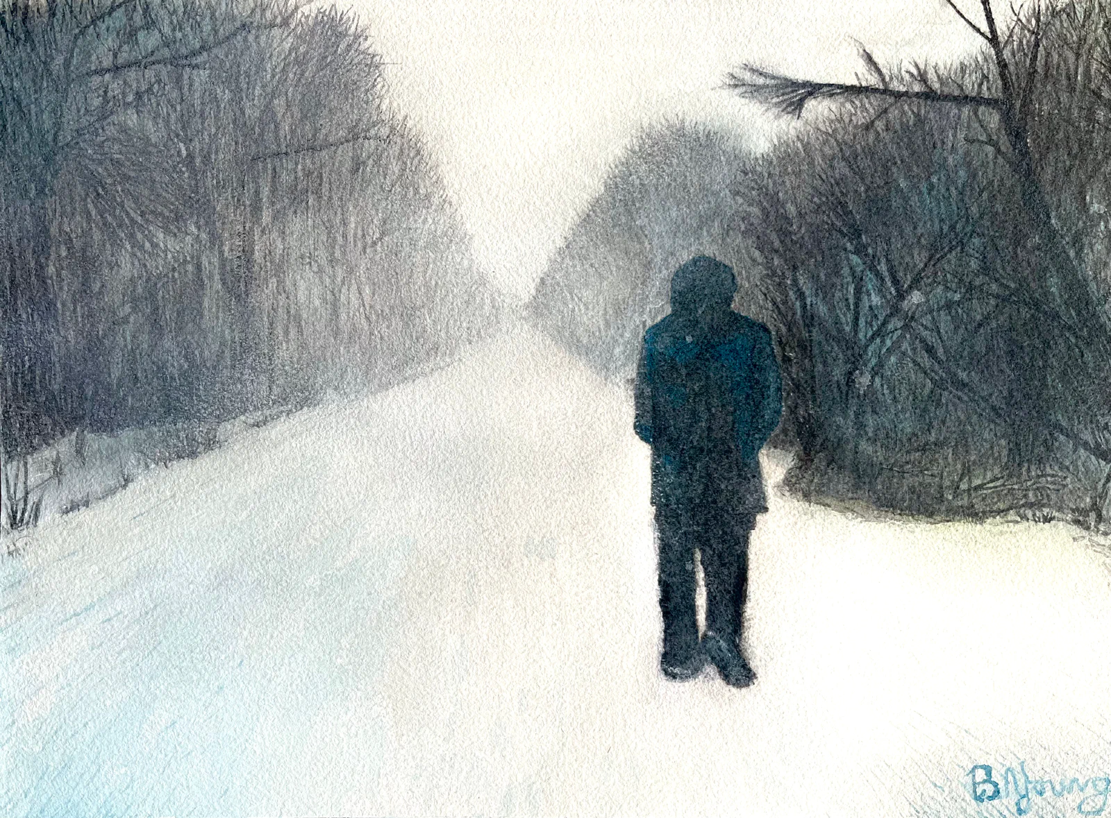 This painting by Ben Young depicts a solitary figure in dark clothing standing on a snow-covered path flanked by bare trees, with the scene conveying a sense of solitude in a wintry landscape.