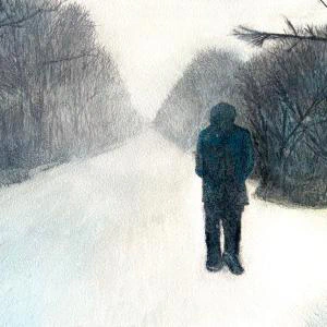 This painting by Ben Young depicts a solitary figure in dark clothing standing on a snow-covered path flanked by bare trees, with the scene conveying a sense of solitude in a wintry landscape.