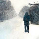 Back To (2024) by Ben Young This painting by Ben Young depicts a solitary figure in dark clothing standing on a snow-covered path flanked by bare trees, with the scene conveying a sense of solitude in a wintry landscape.