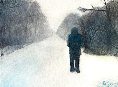 Back To (2024) by Ben Young This painting by Ben Young depicts a solitary figure in dark clothing standing on a snow-covered path flanked by bare trees, with the scene conveying a sense of solitude in a wintry landscape.