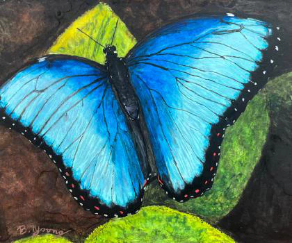 This watercolor painting features a vibrant blue butterfly resting on green and yellow leaves, with a dark, earthy background that highlights the butterfly's striking color.