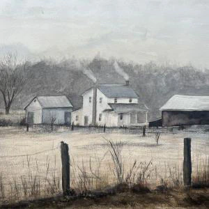 Borrowed Light (2026) by Ben Young This watercolor painting by Ben Young depicts a serene scene of a person sitting alone on the edge of a wooden dock, gazing out over a calm, expansive body of water with gentle ripples, under a cloudy sky and distant green hills.