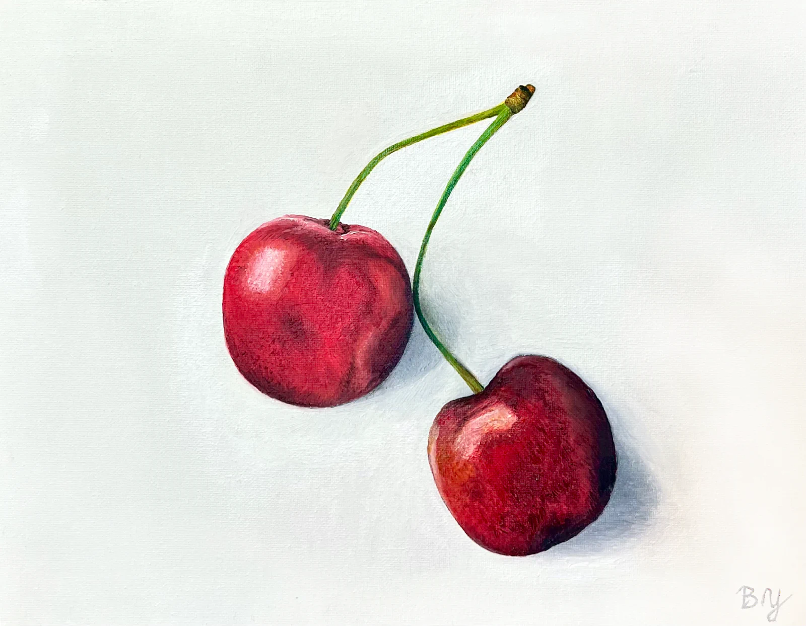 This is a realistic painting of two cherries connected by their stems, with a play of light and shadow enhancing their rich red color.