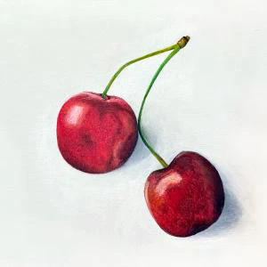 This is a realistic painting of two cherries connected by their stems, with a play of light and shadow enhancing their rich red color.
