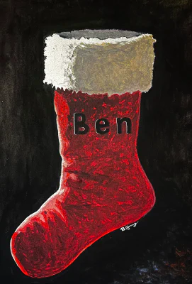Christmas Stocking (2024) by Ben Young This watercolor painting features a vibrant red Christmas stocking with the name Ben prominently displayed on it, accented by a textured white cuff and set against a dark black background.