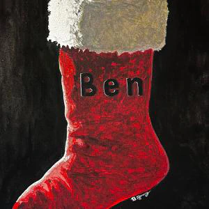 This watercolor painting features a vibrant red Christmas stocking with the name Ben prominently displayed on it, accented by a textured white cuff and set against a dark black background.