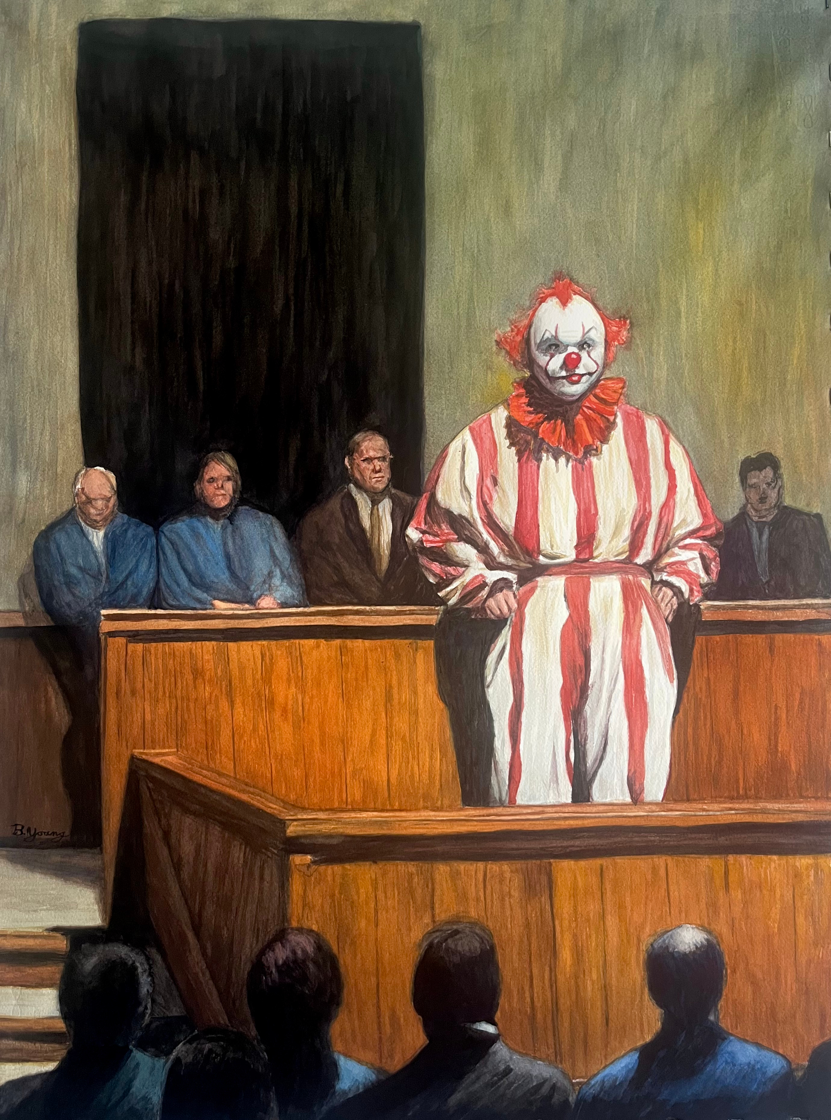 A watercolor painting depicts a surreal courtroom scene where a solemn clown in red and white stripes stands at the witness stand, surrounded by grim-faced onlookers and jurors, creating a powerful contrast between absurdity and gravity.
