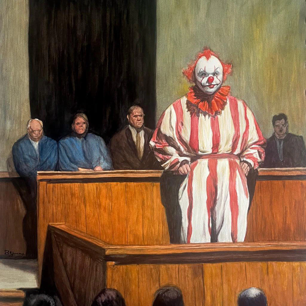 A watercolor painting depicts a surreal courtroom scene where a solemn clown in red and white stripes stands at the witness stand, surrounded by grim-faced onlookers and jurors, creating a powerful contrast between absurdity and gravity.