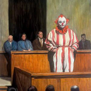 Circus Act (2025) by Ben Young A watercolor painting depicts a surreal courtroom scene where a solemn clown in red and white stripes stands at the witness stand, surrounded by grim-faced onlookers and jurors, creating a powerful contrast between absurdity and gravity.