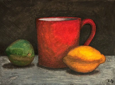 Citrus Study (2024) by Ben Young This gouache painting by Ben Young depicts a still life with a red mug in the center, a green lime on the left, and a bright yellow lemon on the right, all set against a dark, textured background.