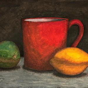 This gouache painting by Ben Young depicts a still life with a red mug in the center, a green lime on the left, and a bright yellow lemon on the right, all set against a dark, textured background.