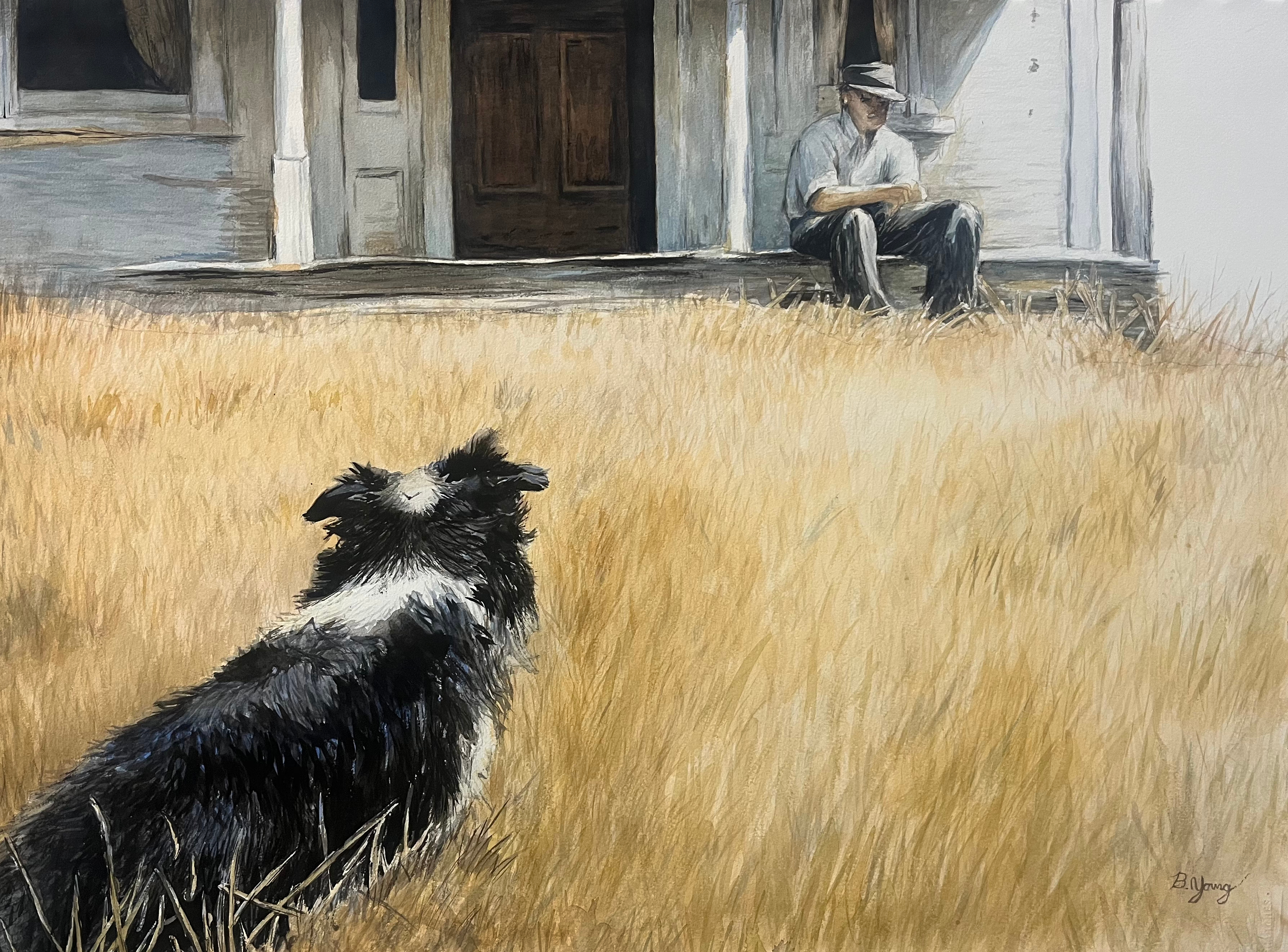 A loyal dog pauses in a sun-bleached field, gazing toward the solitary man resting on a weathered porch in this quiet, contemplative watercolor scene.