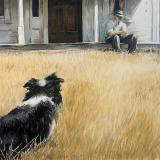 A loyal dog pauses in a sun-bleached field, gazing toward the solitary man resting on a weathered porch in this quiet, contemplative watercolor scene.