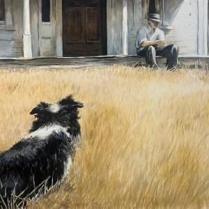 Coming Home (2025) by Ben Young A loyal dog pauses in a sun-bleached field, gazing toward the solitary man resting on a weathered porch in this quiet, contemplative watercolor scene.