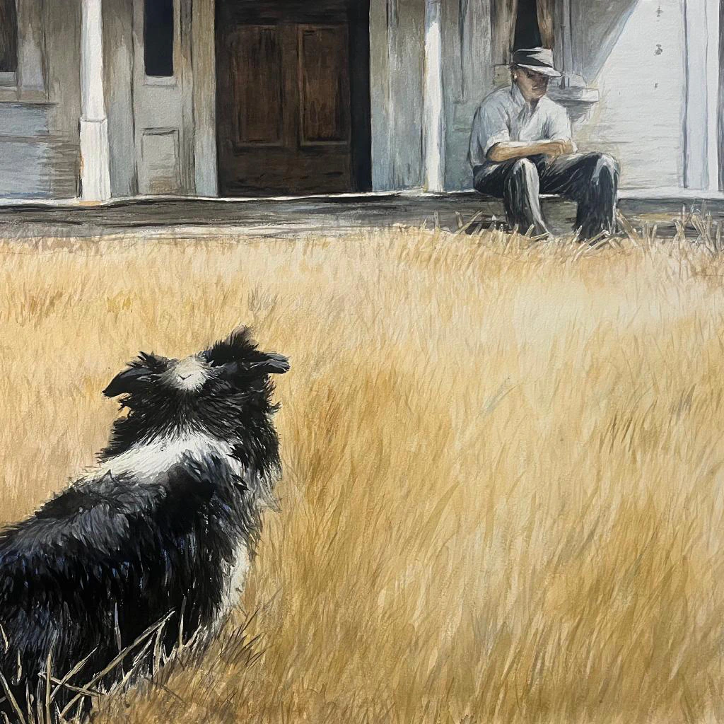 A loyal dog pauses in a sun-bleached field, gazing toward the solitary man resting on a weathered porch in this quiet, contemplative watercolor scene.