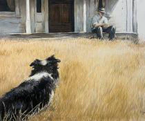 A loyal dog pauses in a sun-bleached field, gazing toward the solitary man resting on a weathered porch in this quiet, contemplative watercolor scene.