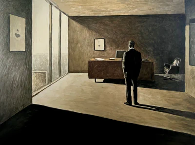 A watercolor painting by Ben Young is of a solitary man in a dark suit stands in a dimly lit office, his back to the viewer, as stark contrasts of light and shadow create a melancholic, introspective atmosphere.