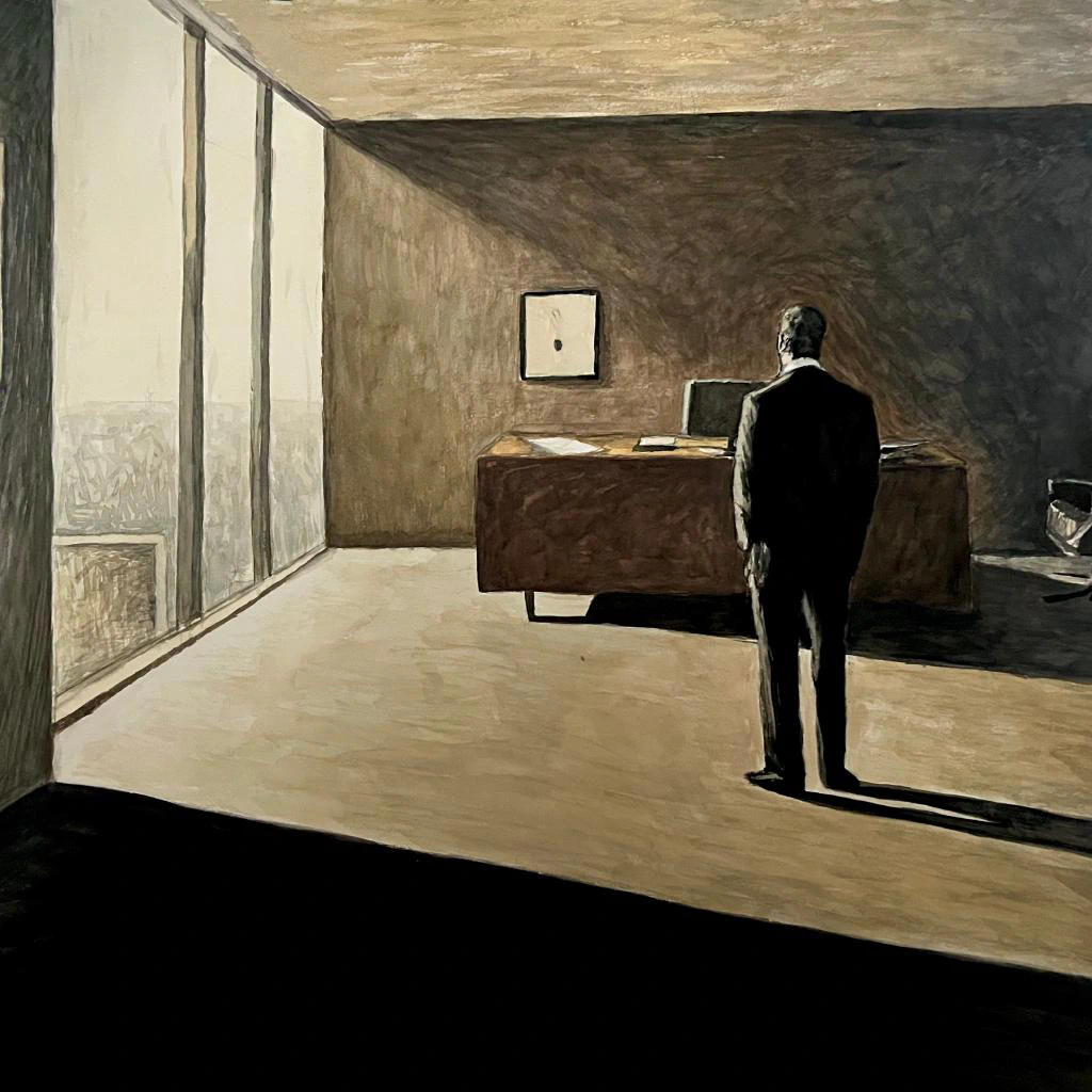 A watercolor painting by Ben Young is of a solitary man in a dark suit stands in a dimly lit office, his back to the viewer, as stark contrasts of light and shadow create a melancholic, introspective atmosphere.