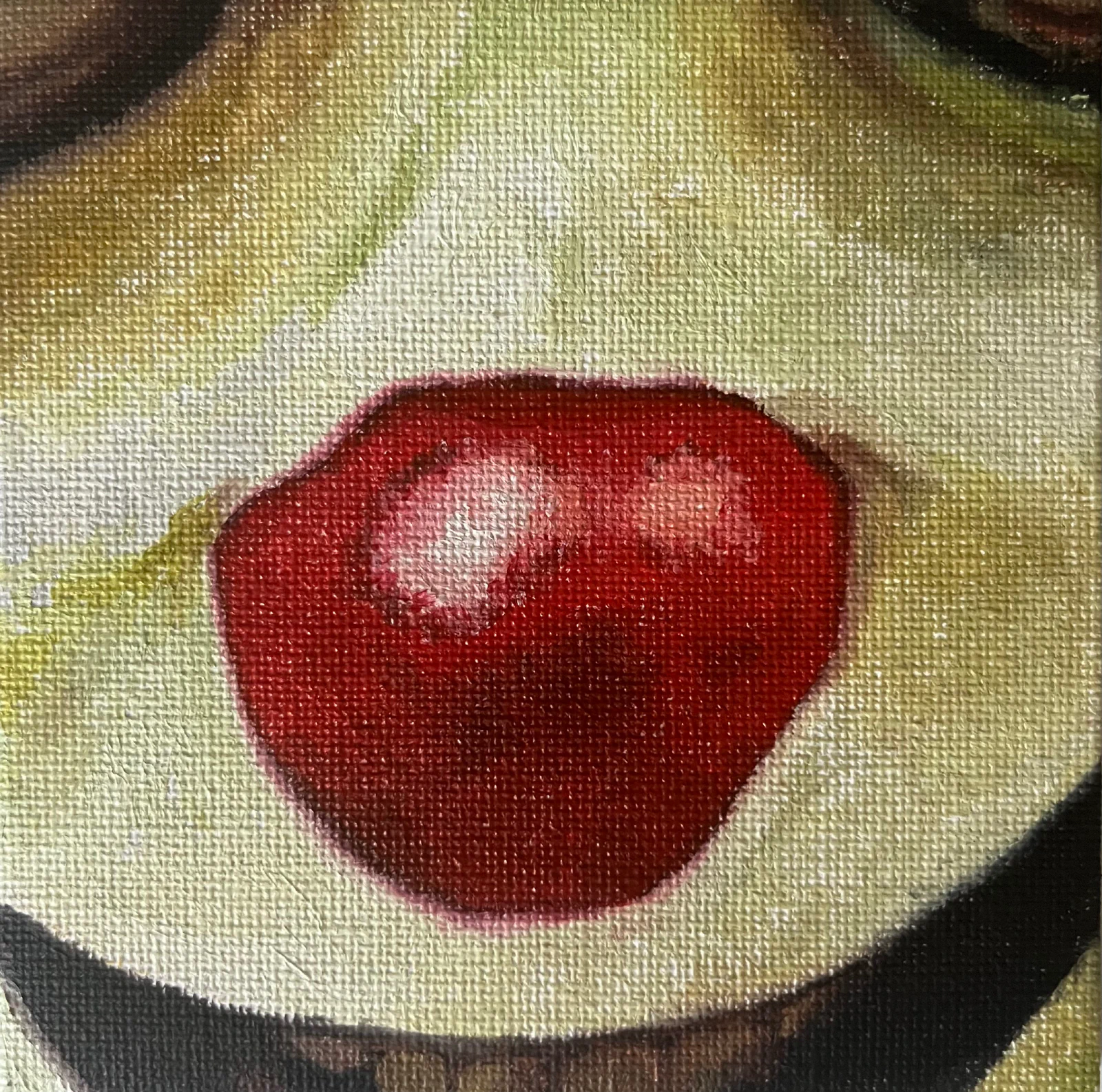 This painting by Ben Young is a close up oil painting of creepy looking clown's nose and part of it's scary smile.