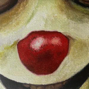 This painting by Ben Young is a close up oil painting of creepy looking clown's nose and part of it's scary smile.