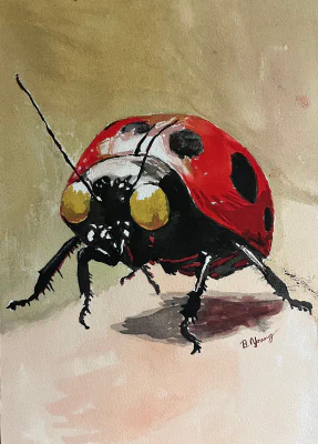 Creepy Ladybug (2025) by Ben Young A watercolor painting portraying a strikingly detailed ladybug with an almost surreal quality, featuring bold red and black tones, exaggerated golden eyes, and a muted earthy background that enhances its dramatic presence.