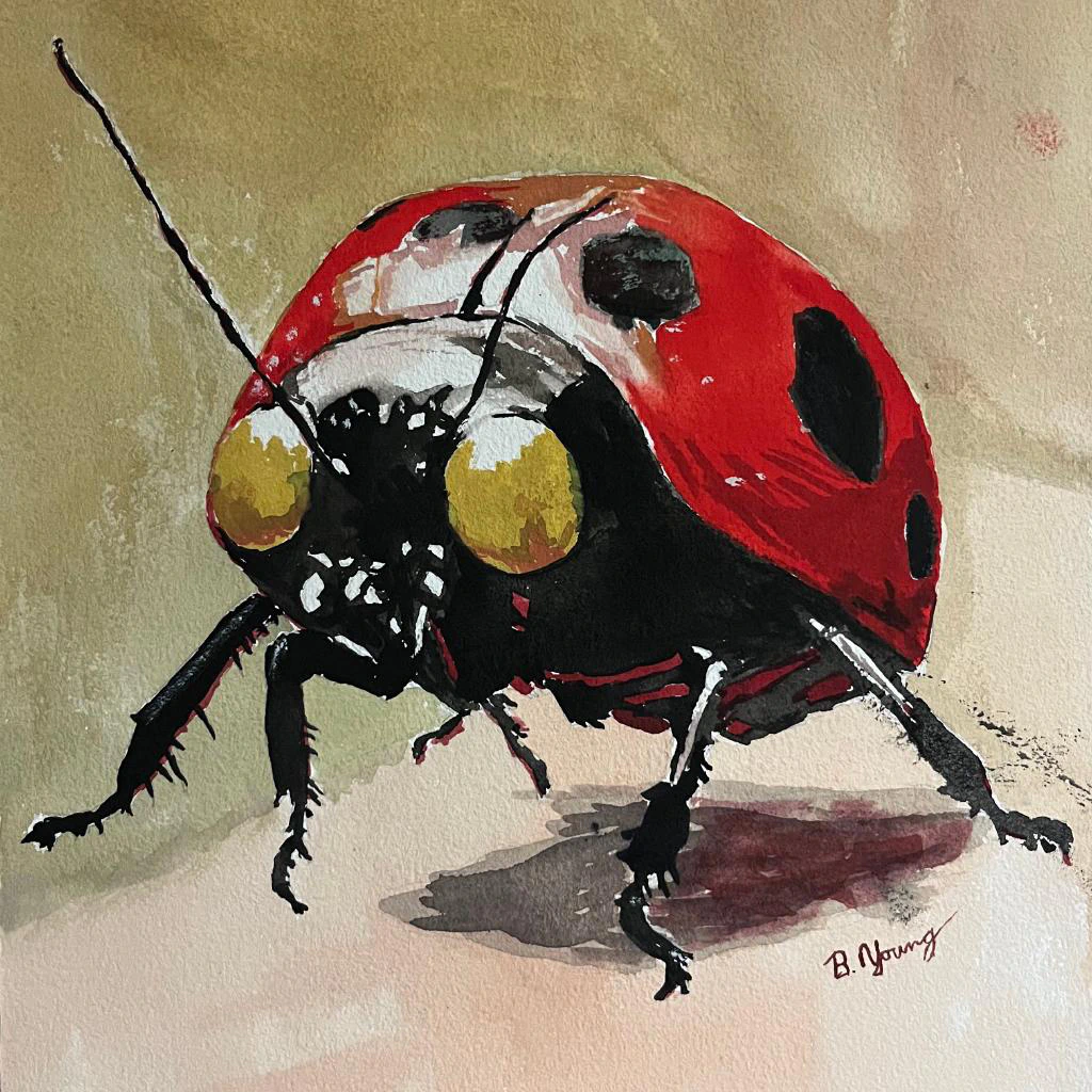 A watercolor painting portraying a strikingly detailed ladybug with an almost surreal quality, featuring bold red and black tones, exaggerated golden eyes, and a muted earthy background that enhances its dramatic presence.