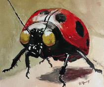 A watercolor painting portraying a strikingly detailed ladybug with an almost surreal quality, featuring bold red and black tones, exaggerated golden eyes, and a muted earthy background that enhances its dramatic presence.