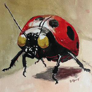 Creepy Ladybug (2025) by Ben Young A watercolor painting portraying a strikingly detailed ladybug with an almost surreal quality, featuring bold red and black tones, exaggerated golden eyes, and a muted earthy background that enhances its dramatic presence.