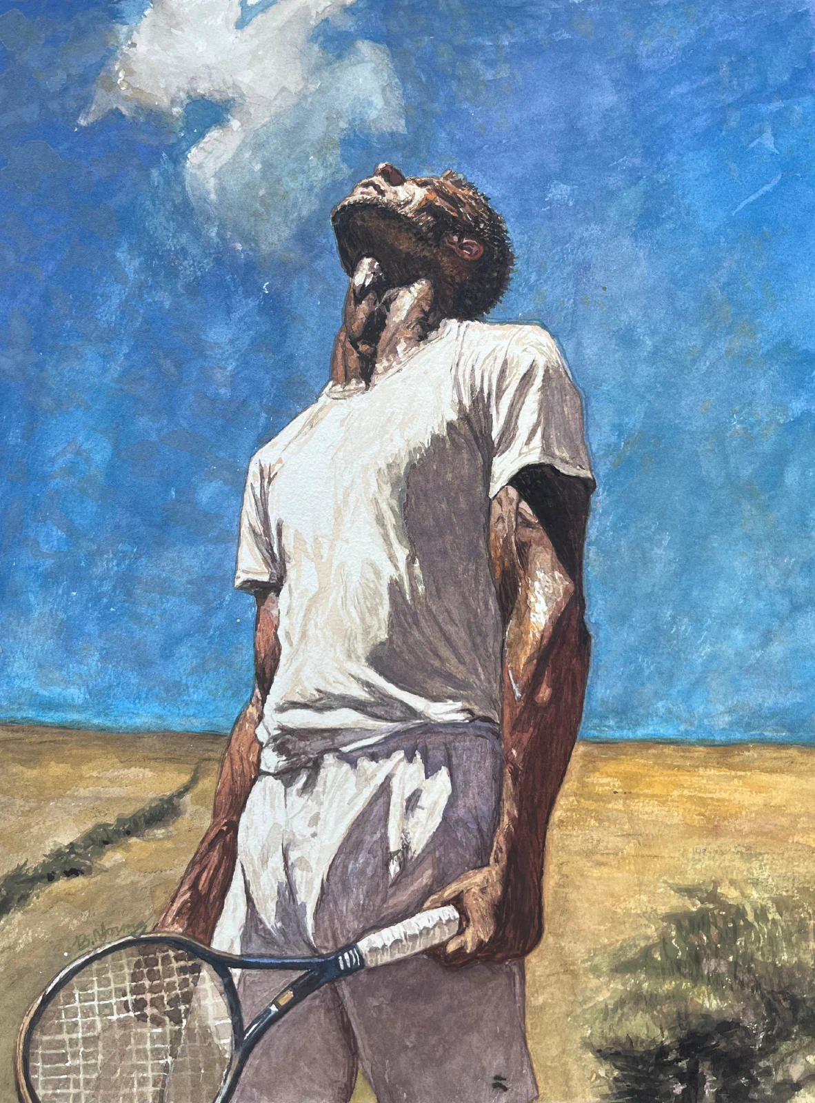 This watercolor painting depicts a tennis player standing in a sunlit field, gazing upward into the bright blue sky with a sense of defeat and disappointment.