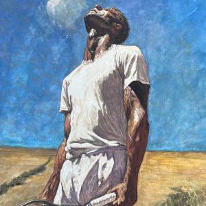 This watercolor painting depicts a tennis player standing in a sunlit field, gazing upward into the bright blue sky with a sense of defeat and disappointment.