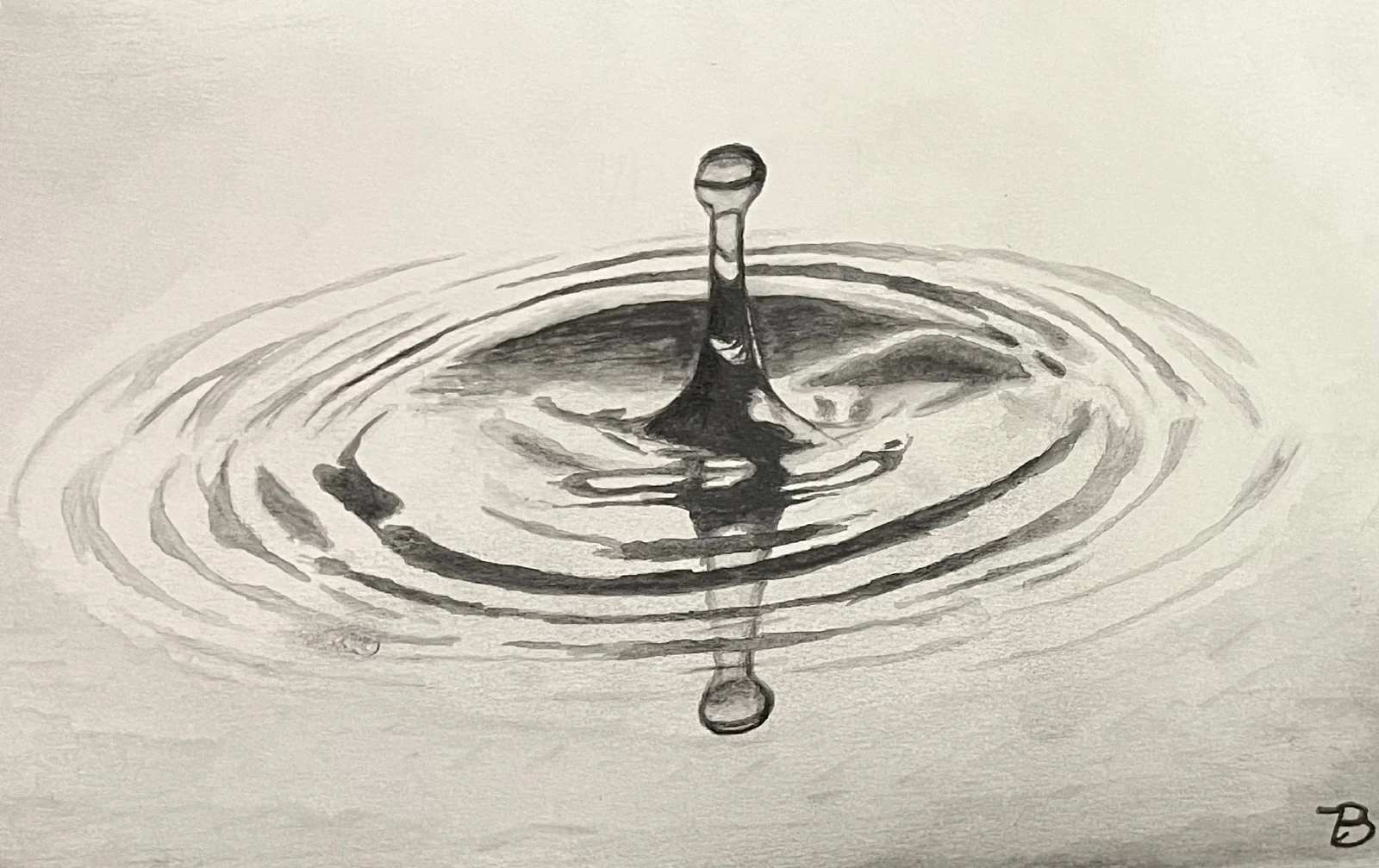 The painting presents a grayscale watercolor painting of a water droplet creating ripples on the surface of water, captured in a moment of dynamic symmetry and fluid motion.