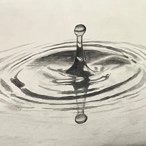 The painting presents a grayscale watercolor painting of a water droplet creating ripples on the surface of water, captured in a moment of dynamic symmetry and fluid motion.