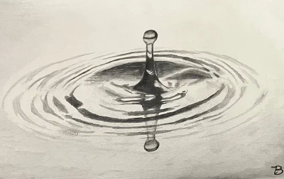 Drip (2024) by Ben Young The painting presents a grayscale watercolor painting of a water droplet creating ripples on the surface of water, captured in a moment of dynamic symmetry and fluid motion.