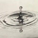 The painting presents a grayscale watercolor painting of a water droplet creating ripples on the surface of water, captured in a moment of dynamic symmetry and fluid motion.