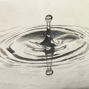 Drip (2024) by Ben Young The painting presents a grayscale watercolor painting of a water droplet creating ripples on the surface of water, captured in a moment of dynamic symmetry and fluid motion.