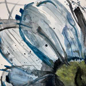 Dyzee (2024) by Ben Young This is an abstract watercolor painting by Ben Young featuring dynamic blue and black brushstrokes, with splatters and washes creating a sense of movement, anchored by a central burst of yellow.