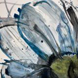 This is an abstract watercolor painting by Ben Young featuring dynamic blue and black brushstrokes, with splatters and washes creating a sense of movement, anchored by a central burst of yellow.