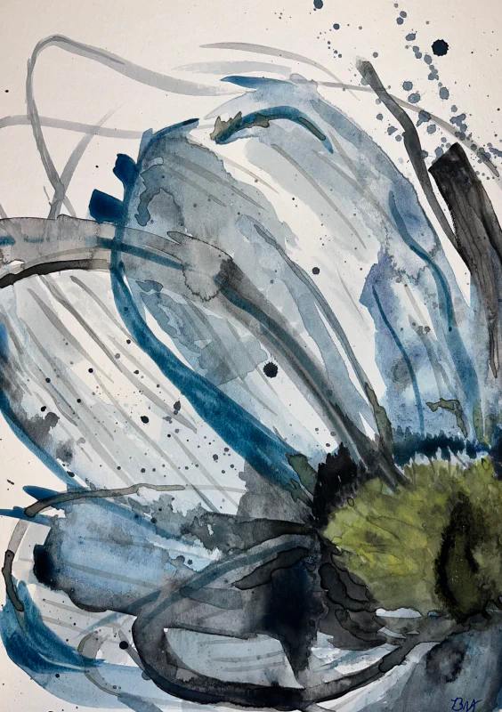 This is an abstract watercolor painting by Ben Young featuring dynamic blue and black brushstrokes, with splatters and washes creating a sense of movement, anchored by a central burst of yellow.