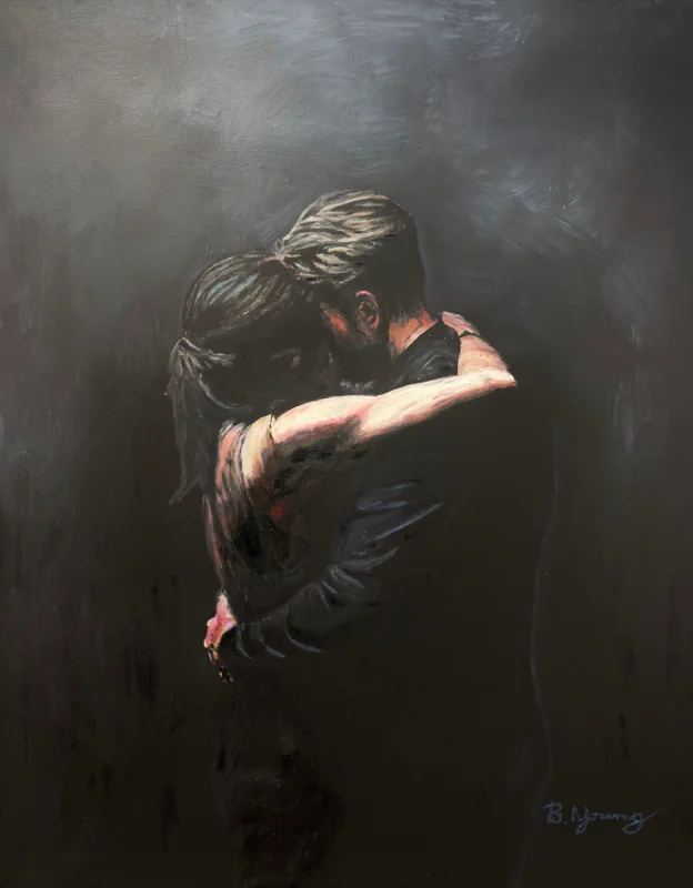 This oil painting captures a tender and intimate moment of a couple embracing under dramatic, soft lighting against a dark, textured background, evoking deep emotion and connection.