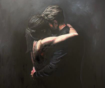 This oil painting captures a tender and intimate moment of a couple embracing under dramatic, soft lighting against a dark, textured background, evoking deep emotion and connection.