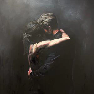 This oil painting captures a tender and intimate moment of a couple embracing under dramatic, soft lighting against a dark, textured background, evoking deep emotion and connection.