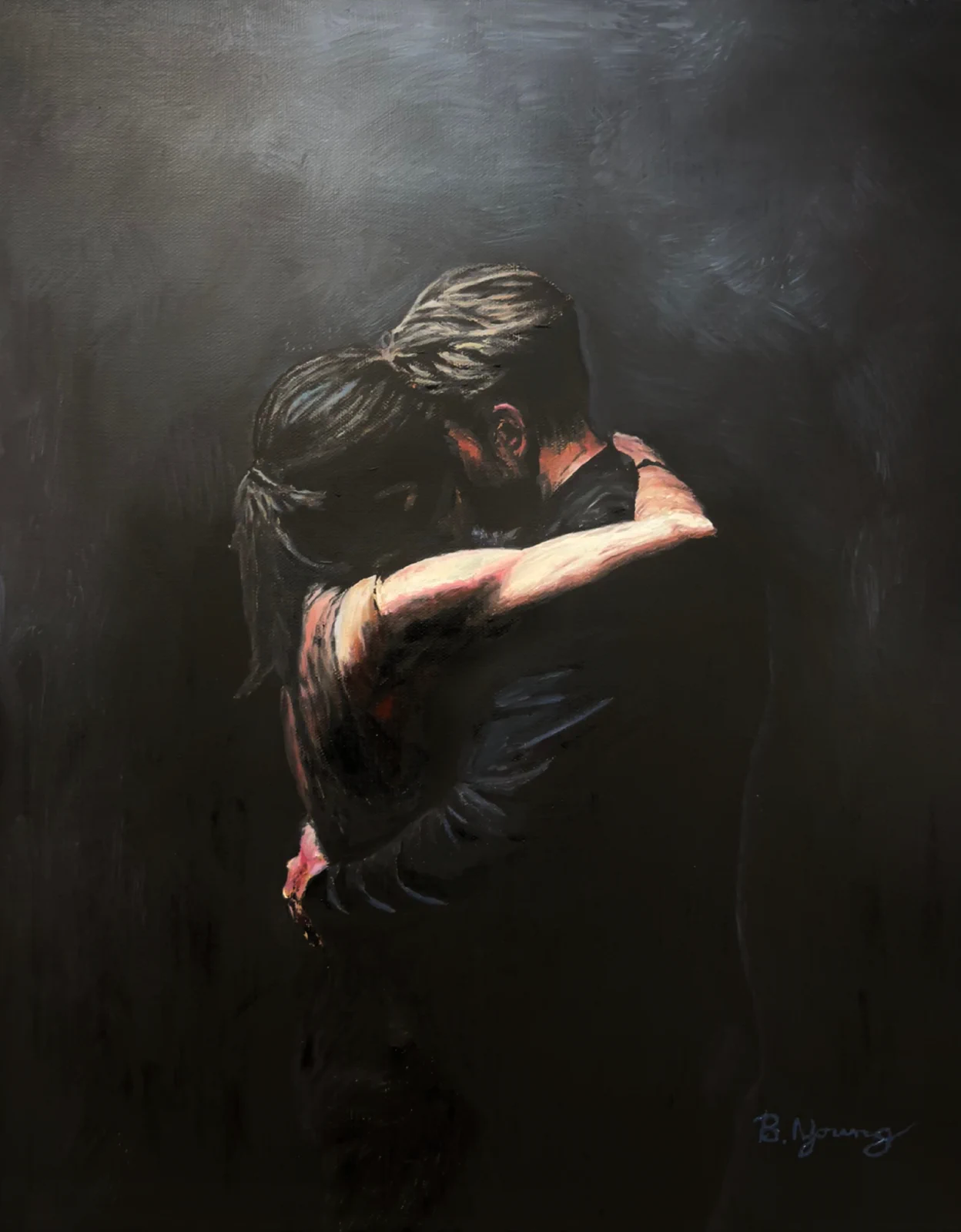 This oil painting captures a tender and intimate moment of a couple embracing under dramatic, soft lighting against a dark, textured background, evoking deep emotion and connection.