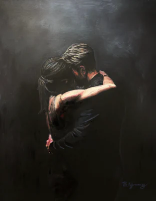 Embrace (2024) by Ben Young This oil painting captures a tender and intimate moment of a couple embracing under dramatic, soft lighting against a dark, textured background, evoking deep emotion and connection.