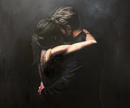 This oil painting captures a tender and intimate moment of a couple embracing under dramatic, soft lighting against a dark, textured background, evoking deep emotion and connection.