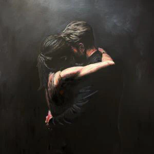 This oil painting captures a tender and intimate moment of a couple embracing under dramatic, soft lighting against a dark, textured background, evoking deep emotion and connection.