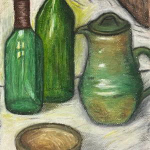 The oil pastel painting by Ben Young shows a textured still life composition of two green bottles, a green jug, and a brown bowl on a hung white fabric surface against a dark wooden background.